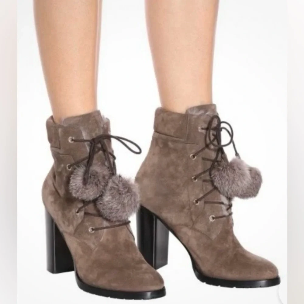 Jimmy Choo Suede Rabbit Fur Elba Heeled Boots. Size 39.